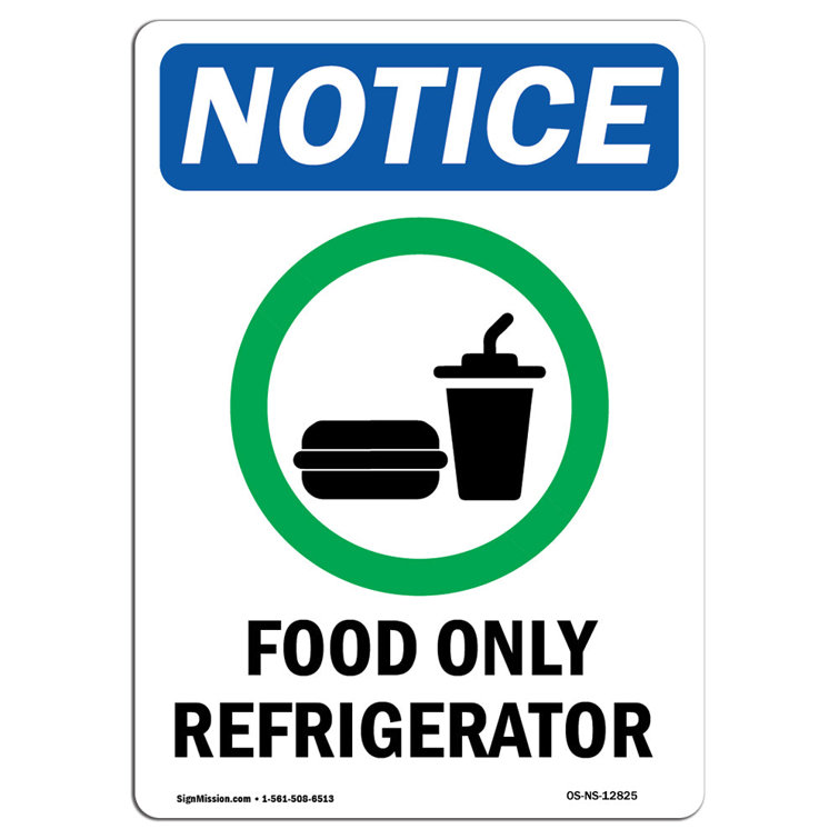 SignMission OSHA Notice - Food Only Refrigerator Sign With Symbol